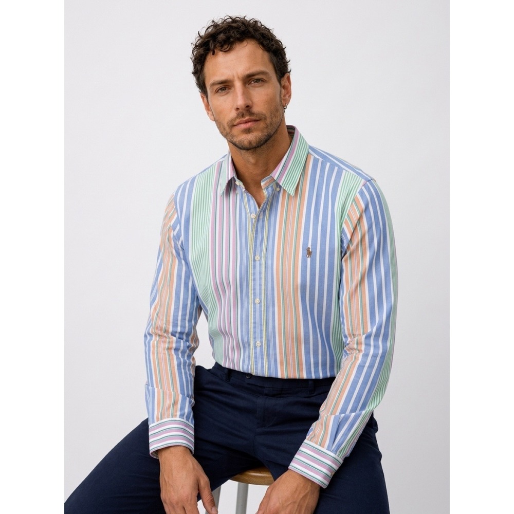 Ralph Lauren Mens Multi Color Striped Cotton Oxford Button Down Shirt XL